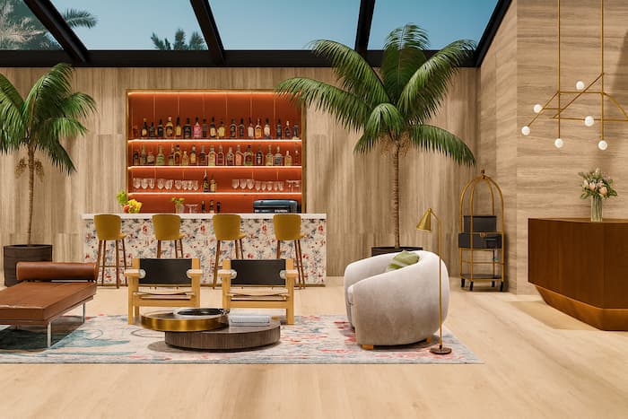 Lobby Hotelu Velostera z recepcją i miejscem do odpoczynku